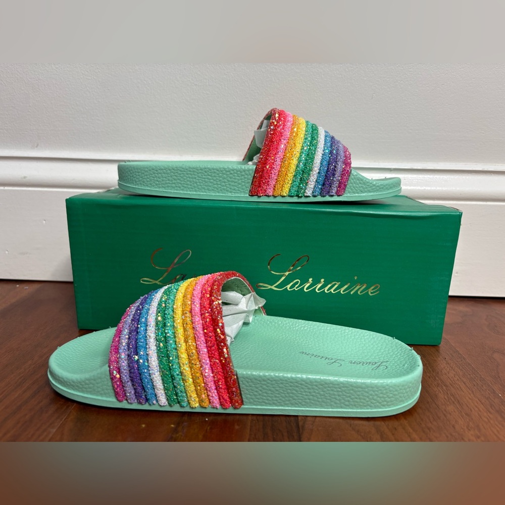 Lauren Lorraine Sparkly Rainbow Flat Sandals Women's - Picture 2 of 8